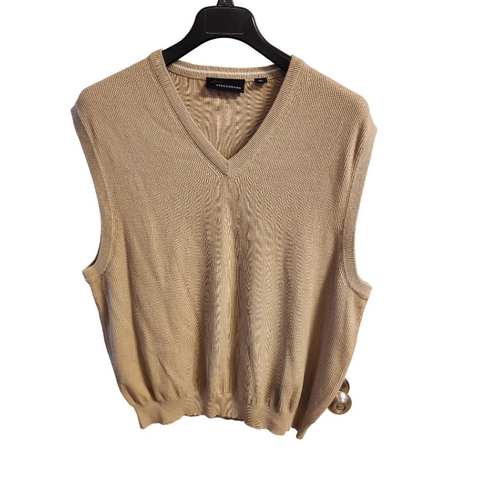 Greg Norman V Neck Pullover Vest Size XL Beige Fine Ribbed 100% Cotton EUC